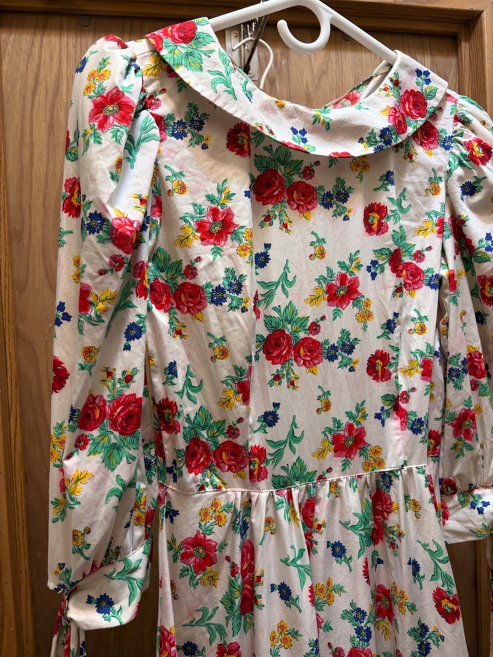 Floral Puff-Sleeve Dress in Cream and Red